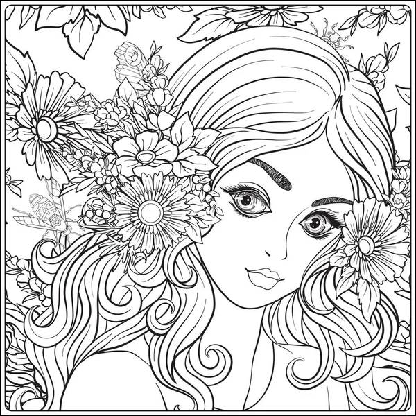 Una joven hermosa con una corona de flores en la cabeza . — Vector de stock
