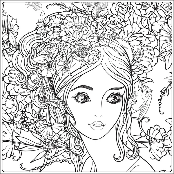 A young beautiful girl with a wreath of flowers on her head. — Stock Vector