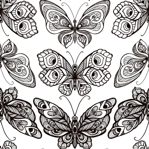 Mariposas con patrón de decoración. Patrón sin costuras, fondo. Gr. — Vector de stock