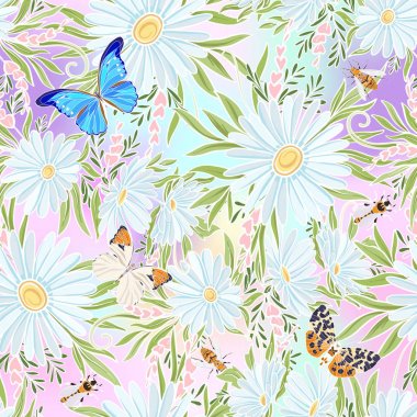 Kelebekler ve arılar ile çiçek seamless modeli