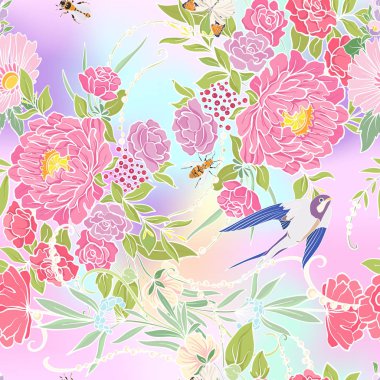 Kelebekler ve arılar ile çiçek seamless modeli