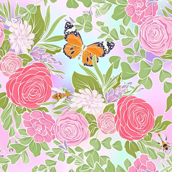 Kelebekler ve arılar ile çiçek seamless modeli
