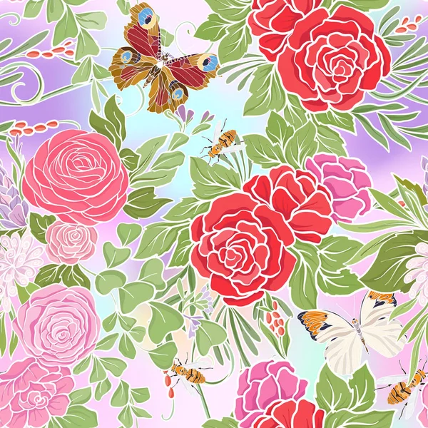 Kelebekler ve arılar ile çiçek seamless modeli