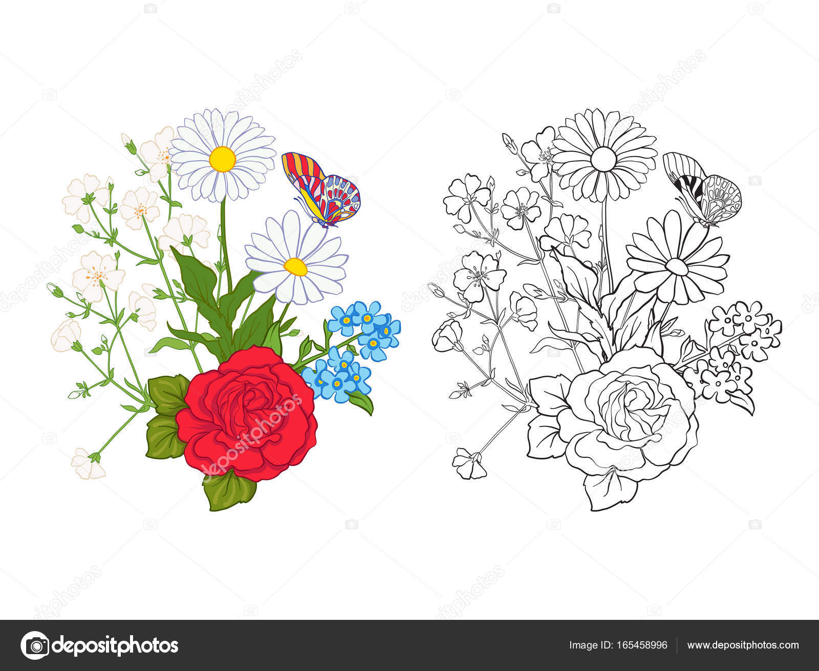 Bouquet con rose e margherite Modello europeo tradizionale Illustrazione di vettore di linea Delineare il disegno da colorare per adulti da colorare con