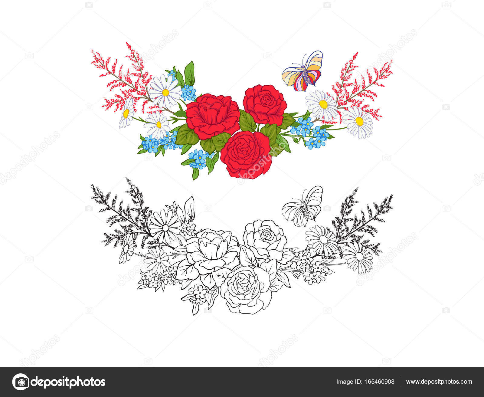 Bouquet con rose e margherite Modello europeo tradizionale Illustrazione di vettore di linea Delineare il disegno da colorare per adulti da colorare con