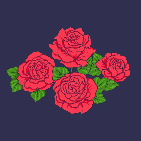 Bordado con rosas rojas sobre fondo bllu jiens — Vector de stock