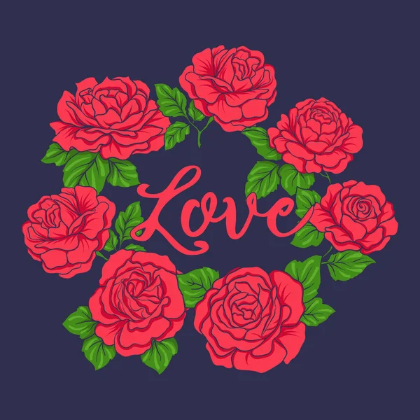 Bordado con rosas rojas sobre fondo bllu jiens — Vector de stock