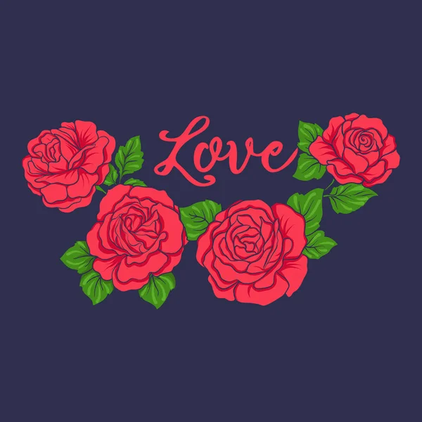 Borduurwerk met rode rozen op Blu jiens achtergrond — Stockvector