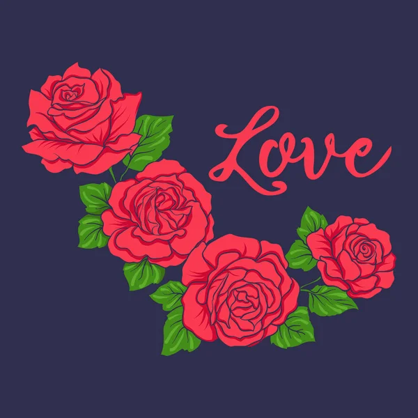 Broderie avec des roses rouges sur fond bllu jiens — Image vectorielle