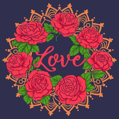 Nakış bllu jiens arka plan üzerinde kırmızı Güllü