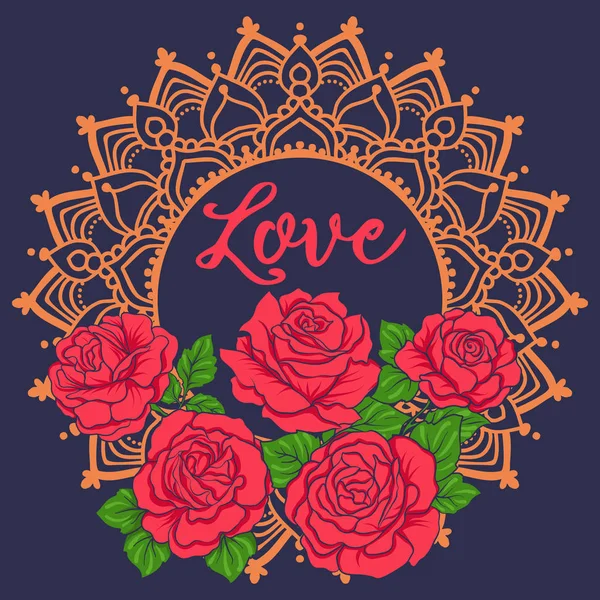 Bordado con rosas rojas sobre fondo bllu jiens — Vector de stock