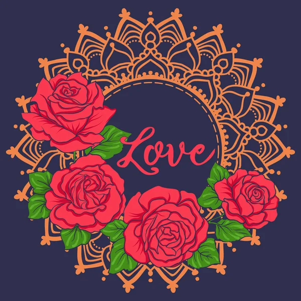 Bordado con rosas rojas sobre fondo bllu jiens — Vector de stock