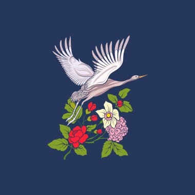 Çiçekler ve vinç kot arka plan üzerinde. Stok satırı vektör illustr