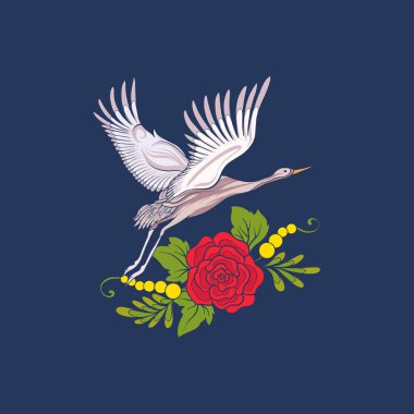 Çiçekler ve vinç kot arka plan üzerinde. Stok satırı vektör illustr