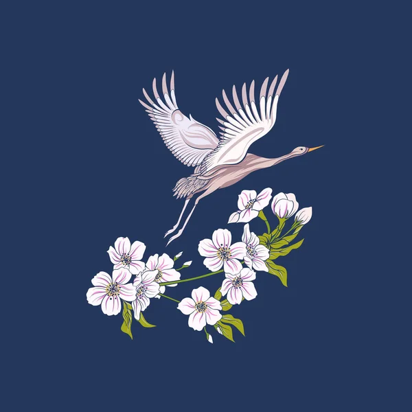 Çiçekler ve vinç kot arka plan üzerinde. Stok satırı vektör illustr