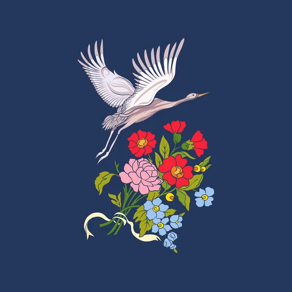 Çiçekler ve vinç kot arka plan üzerinde. Stok satırı vektör illustr