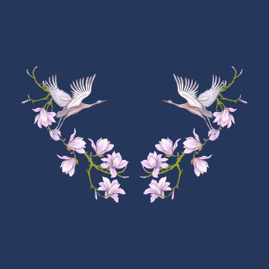 Çiçek ve siyah arka plan üzerine vinç yaka. Stok satırı