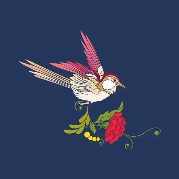 Bloemen en swallow op jeans achtergrond. — Stockvector