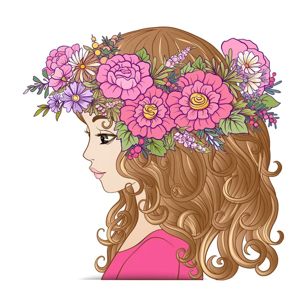 Een jong mooi meisje met een bloem krans op zijn hoofd. — Stockvector