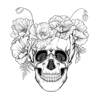 Şeker kafatası dekoratif desen ve kırmızı haşhaş bir çelenk.