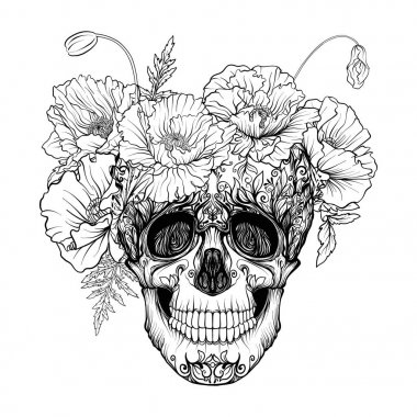 Şeker kafatası dekoratif desen ve kırmızı haşhaş bir çelenk.