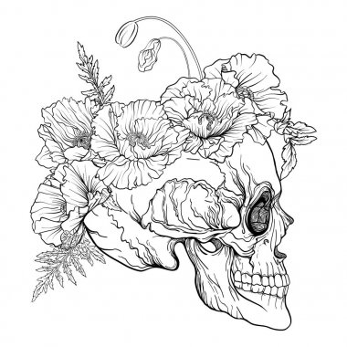 Şeker kafatası dekoratif desen ve kırmızı haşhaş bir çelenk.