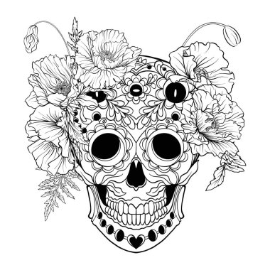 Şeker kafatası dekoratif desen ve kırmızı haşhaş bir çelenk.