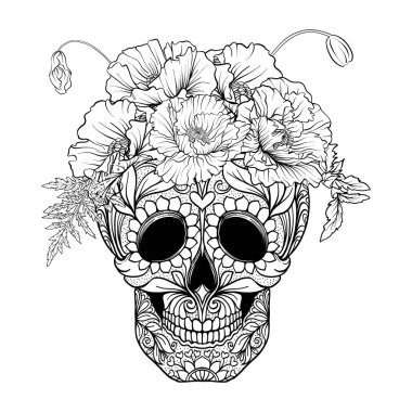 Şeker kafatası dekoratif desen ve kırmızı haşhaş bir çelenk.