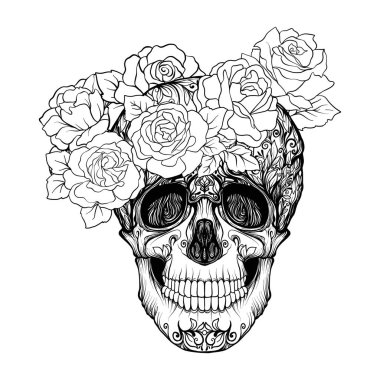 Şeker kafatası dekoratif desen ve kırmızı gül çelenk. S