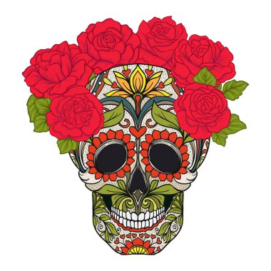 Şeker kafatası dekoratif desen ve kırmızı gül çelenk.