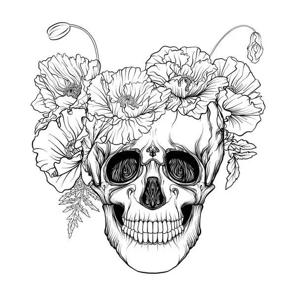 Şeker kafatası dekoratif desen ve kırmızı haşhaş bir çelenk.