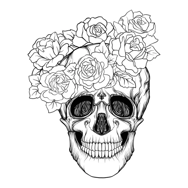 Cráneo de azúcar con patrón decorativo y una corona de rosas rojas. S — Archivo Imágenes Vectoriales