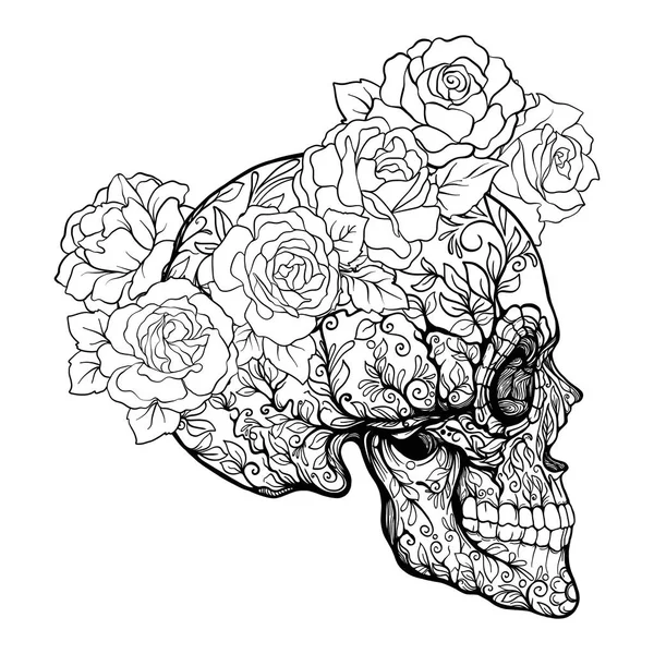 糖头骨装饰图案与红玫瑰一个花圈。S — 图库矢量图片