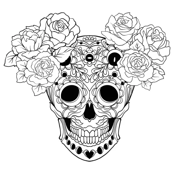 Cráneo de azúcar con patrón decorativo y una corona de rosas rojas. S — Vector de stock