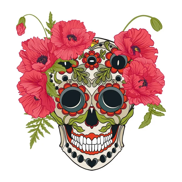 Cráneo de azúcar con patrón decorativo y una corona de amapolas rojas . — Vector de stock