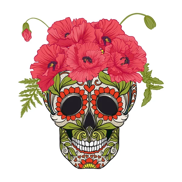 Cráneo de azúcar con patrón decorativo y una corona de amapolas rojas . — Vector de stock