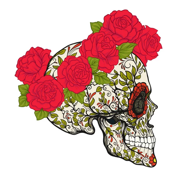 Crâne de sucre avec motif décoratif et une couronne de roses rouges . — Image vectorielle