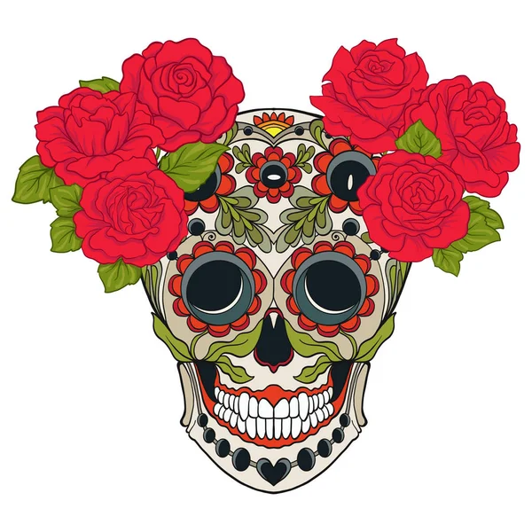 Cráneo de azúcar con patrón decorativo y una corona de rosas rojas . — Vector de stock