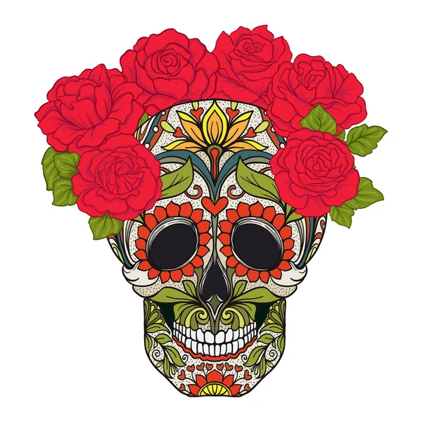 Şeker kafatası dekoratif desen ve kırmızı gül çelenk.