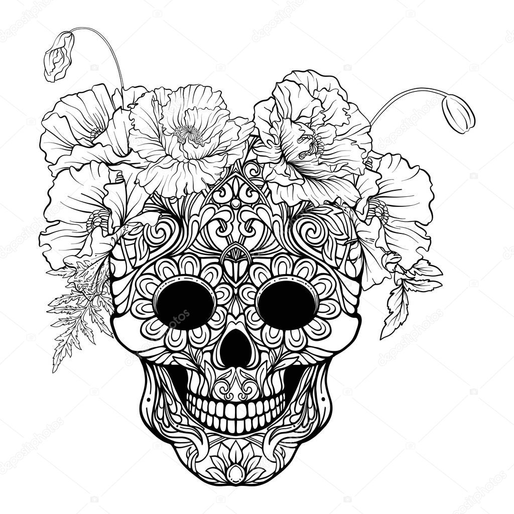 Sugar skull with decorative pattern and a wreath of red poppies.