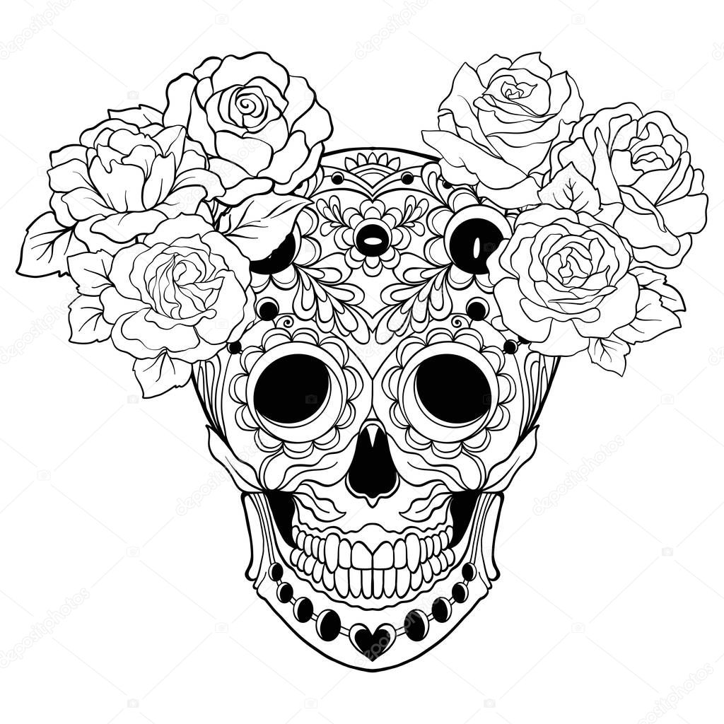 Sugar skull with decorative pattern and a wreath of red roses. S