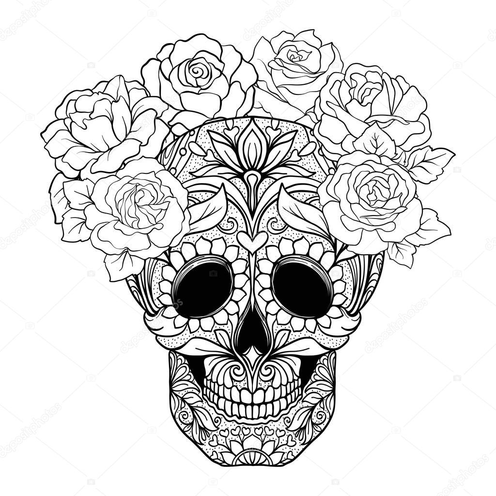 Sugar skull with decorative pattern and a wreath of red roses. S