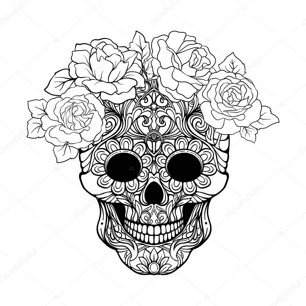 Sugar skull with decorative pattern and a wreath of red roses. S