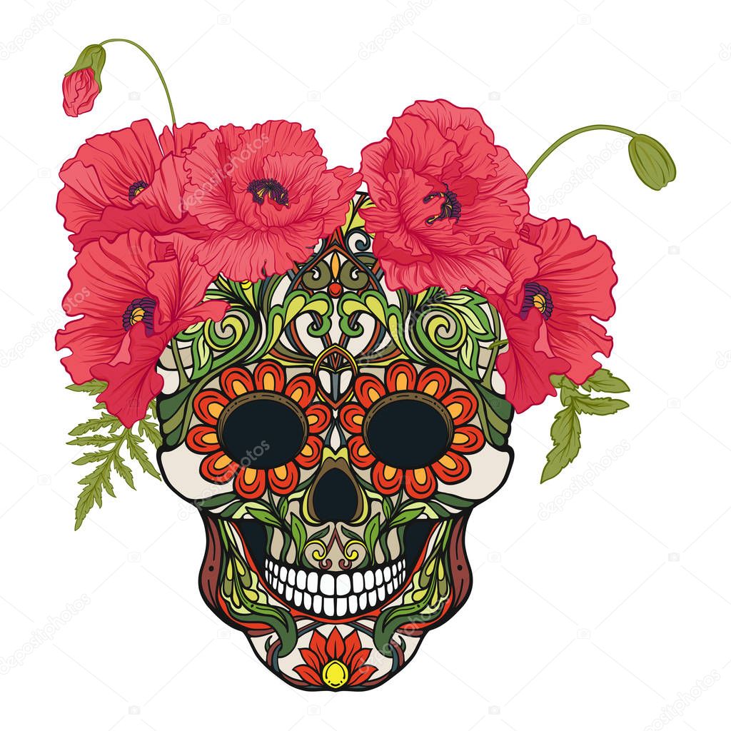 Sugar skull with decorative pattern and a wreath of red poppies.
