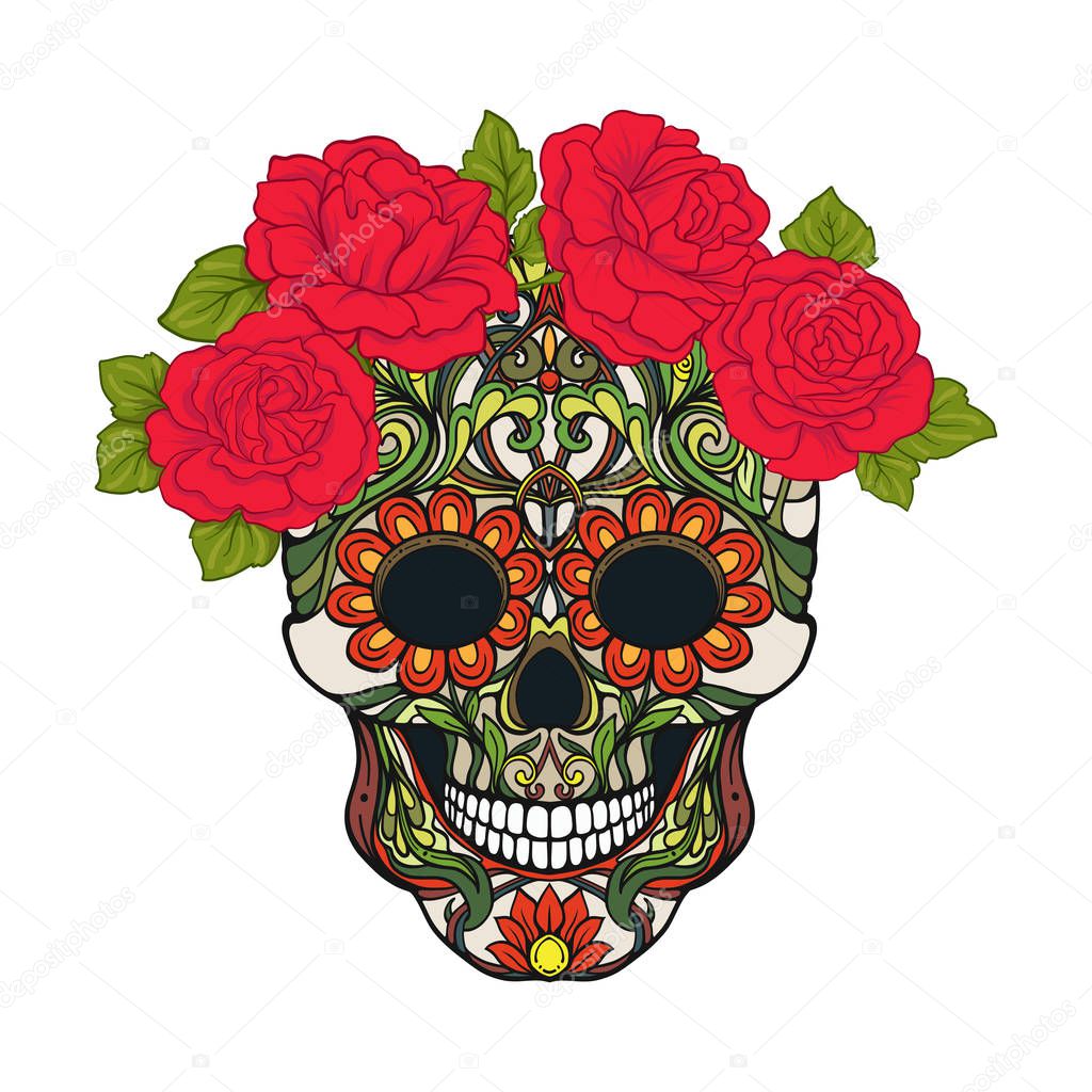 Sugar skull with decorative pattern and a wreath of red roses.