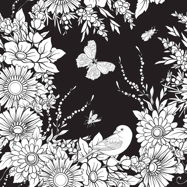 Florales nahtloses Muster mit Schmetterlingen — Stockvektor