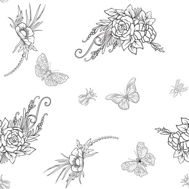 Kelebekler ile çiçek seamless modeli