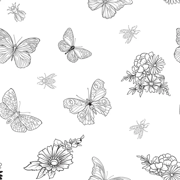 Sömlös blommönster med fjärilar — Stock vektor