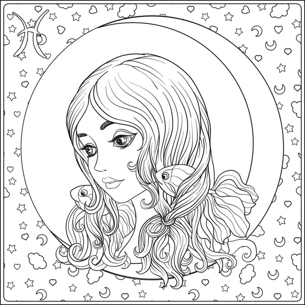 Pisces. A young beautiful girl In the form of one of the signs o — Stock Vector