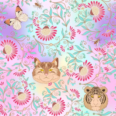 Dikişsiz desen, vintage tarzı çiçek ve anim arka plan